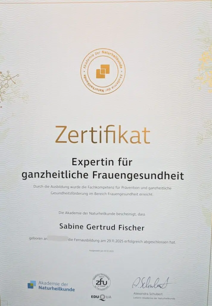 Zertifikat Expertin für ganzheitliche Frauengesundheit, Akademie der Naturheilkunde
