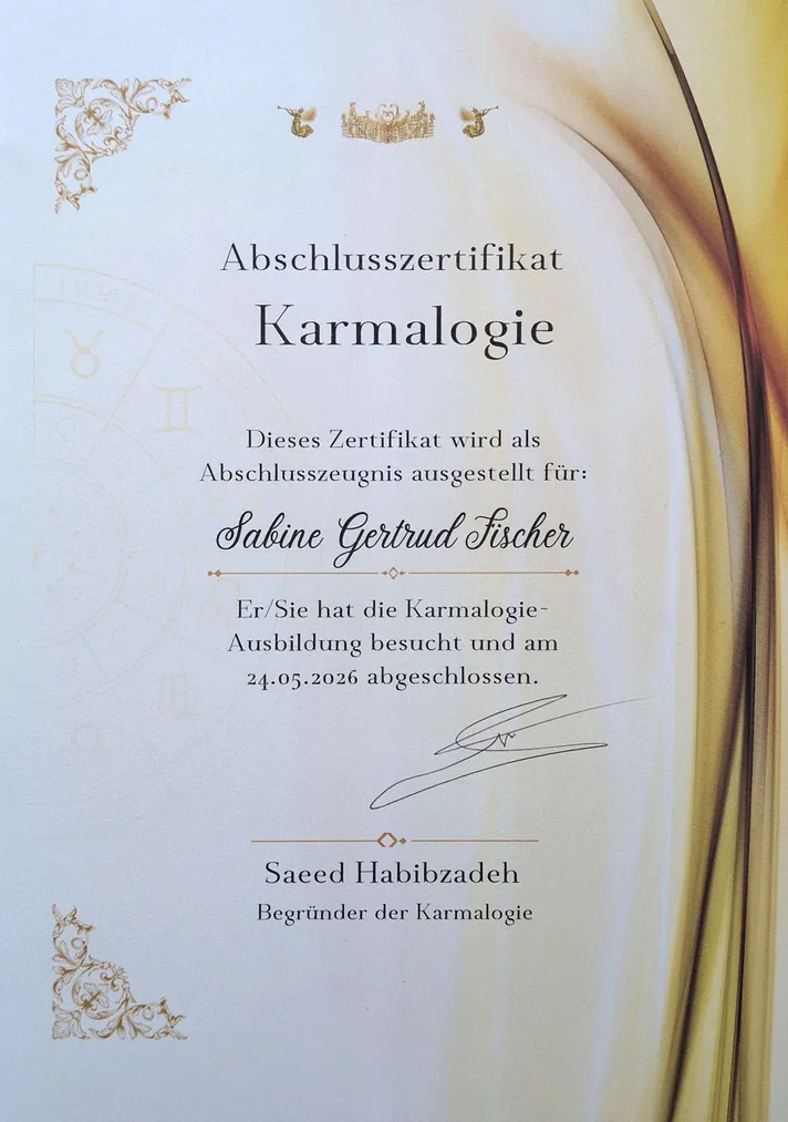 Certificato della formazione in karmalogia presso il fondatore, Saeed Habibzadeh
